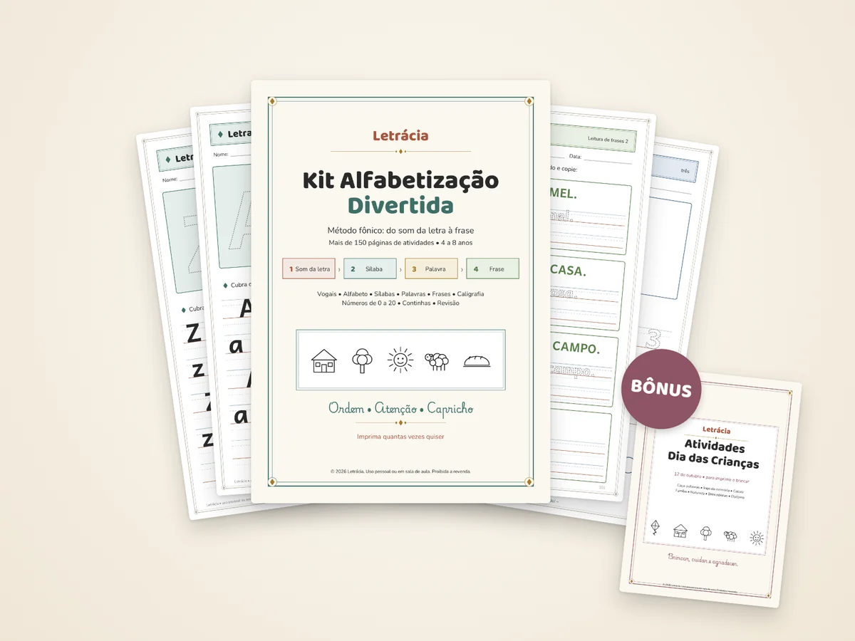 Prévia do Kit Alfabetização Divertida com páginas de atividades e o kit do Dia do Professor