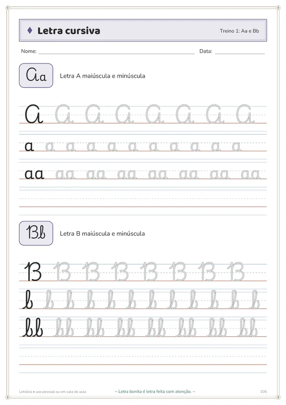 Página de treino de letra cursiva