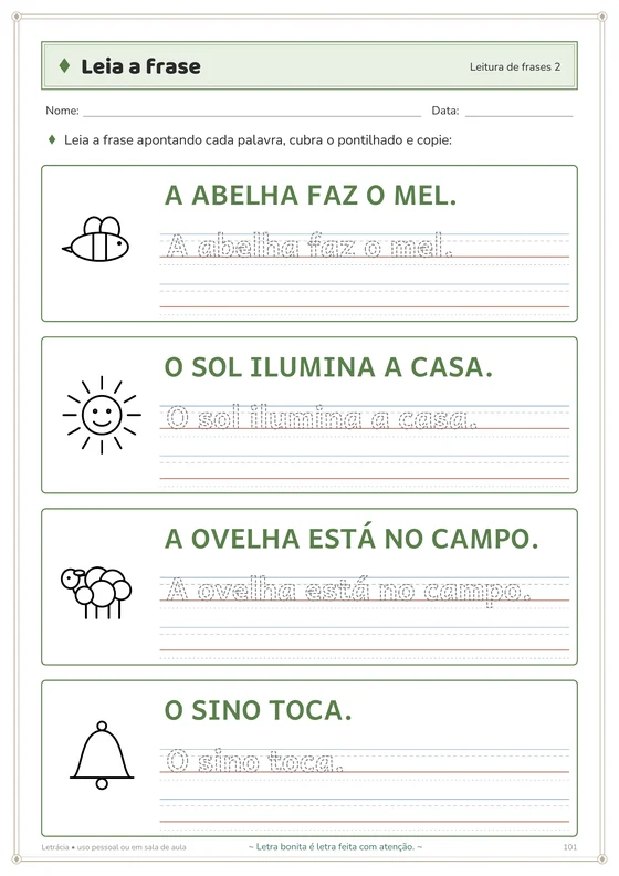 Página de leitura de frases com desenhos