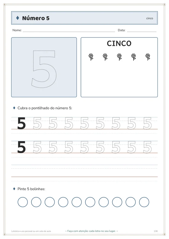 Página do número 5 para traçar e contar
